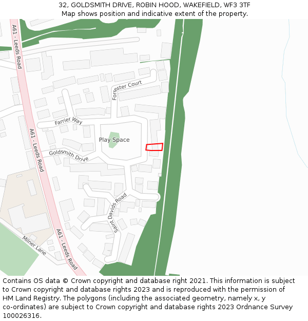 32, GOLDSMITH DRIVE, ROBIN HOOD, WAKEFIELD, WF3 3TF: Location map and indicative extent of plot