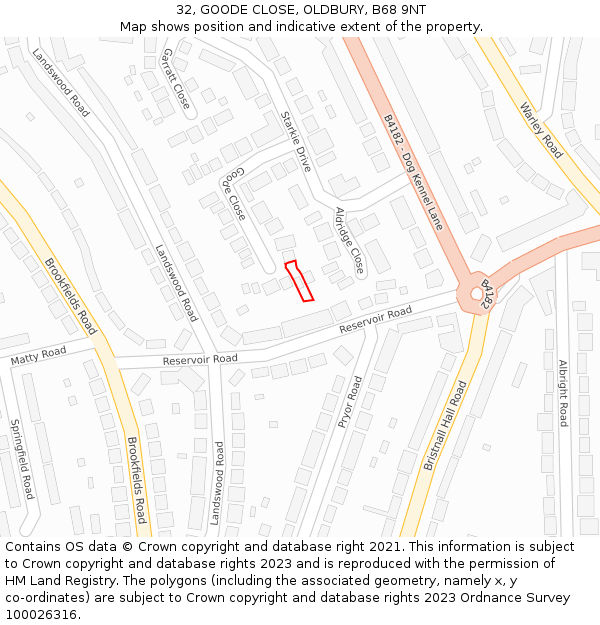 32, GOODE CLOSE, OLDBURY, B68 9NT: Location map and indicative extent of plot