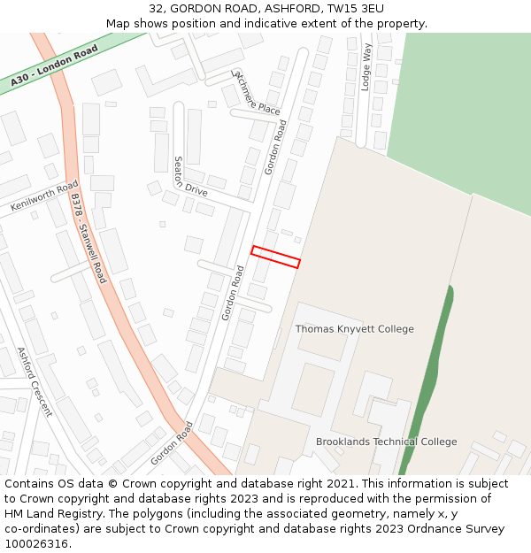 32, GORDON ROAD, ASHFORD, TW15 3EU: Location map and indicative extent of plot