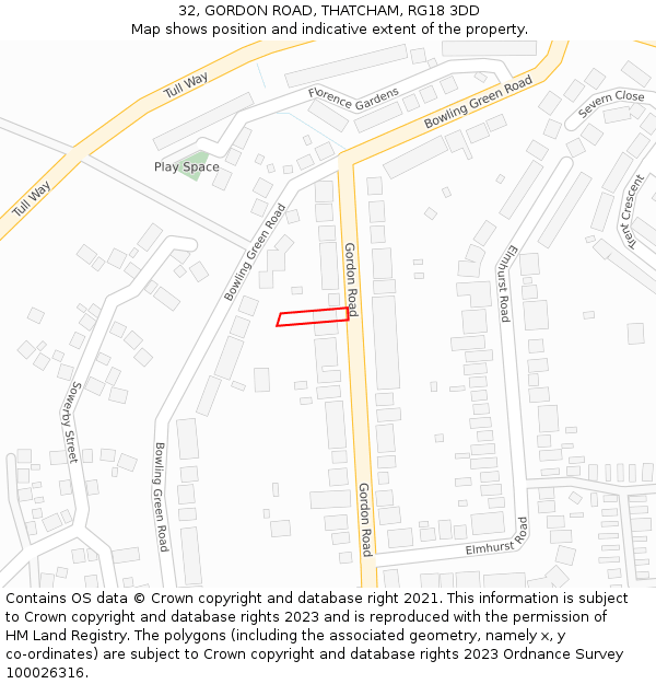 32, GORDON ROAD, THATCHAM, RG18 3DD: Location map and indicative extent of plot