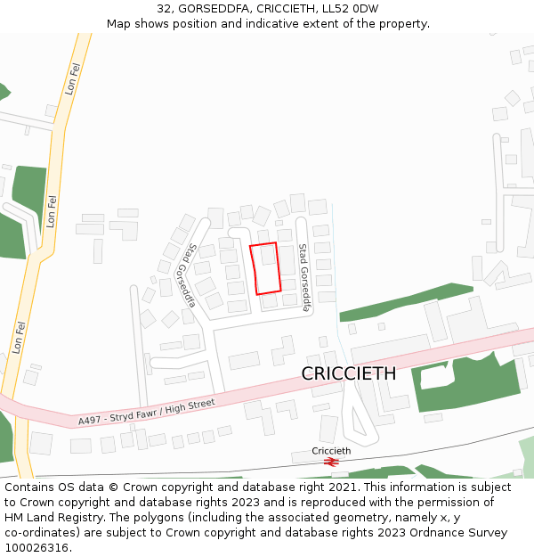 32, GORSEDDFA, CRICCIETH, LL52 0DW: Location map and indicative extent of plot