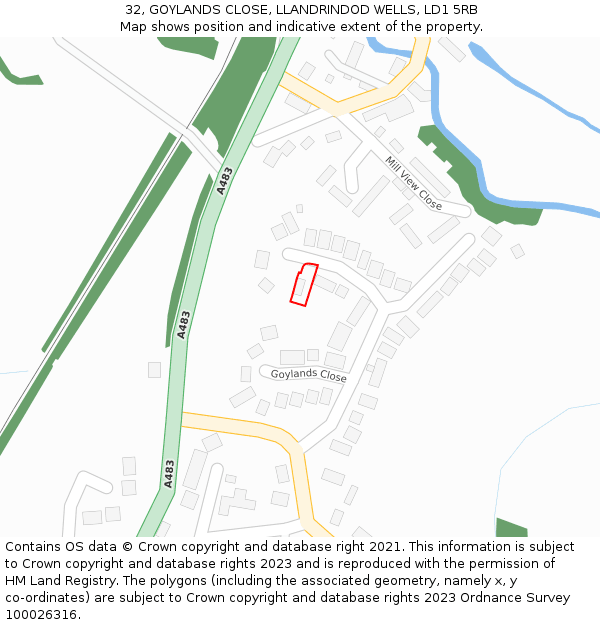 32, GOYLANDS CLOSE, LLANDRINDOD WELLS, LD1 5RB: Location map and indicative extent of plot