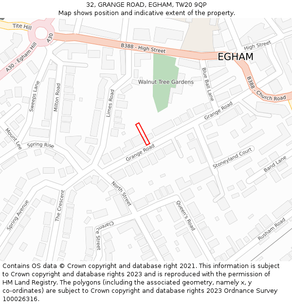 32, GRANGE ROAD, EGHAM, TW20 9QP: Location map and indicative extent of plot