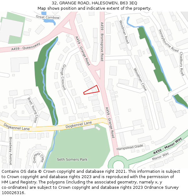 32, GRANGE ROAD, HALESOWEN, B63 3EQ: Location map and indicative extent of plot