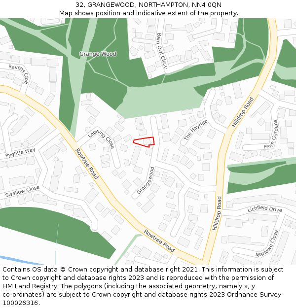 32, GRANGEWOOD, NORTHAMPTON, NN4 0QN: Location map and indicative extent of plot