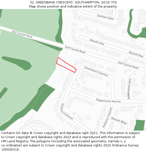 32, GREENBANK CRESCENT, SOUTHAMPTON, SO16 7FQ: Location map and indicative extent of plot