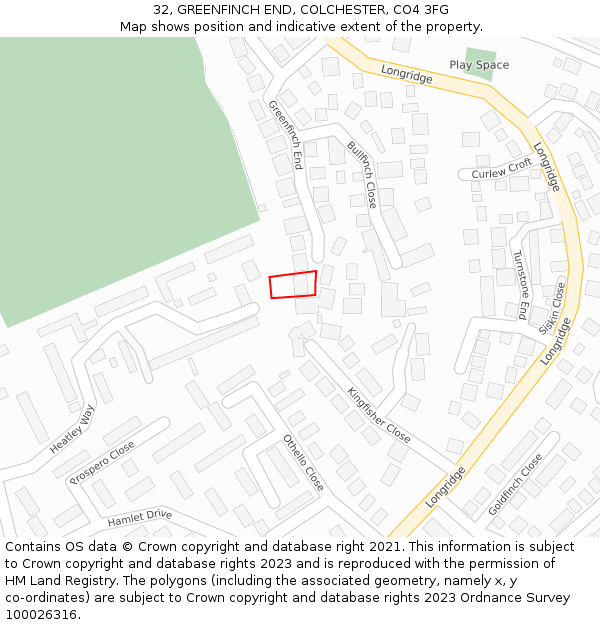 32, GREENFINCH END, COLCHESTER, CO4 3FG: Location map and indicative extent of plot