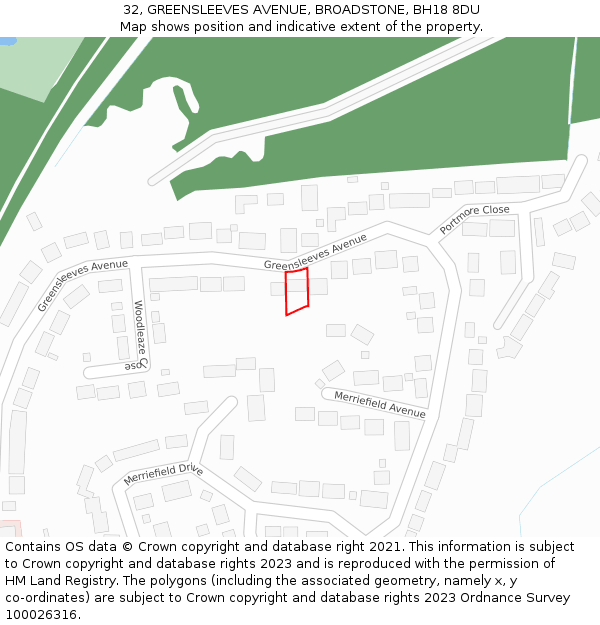 32, GREENSLEEVES AVENUE, BROADSTONE, BH18 8DU: Location map and indicative extent of plot