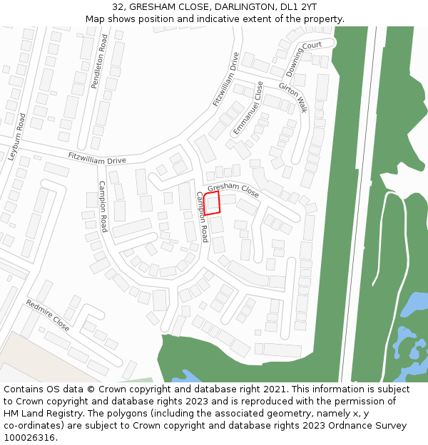 32, GRESHAM CLOSE, DARLINGTON, DL1 2YT: Location map and indicative extent of plot