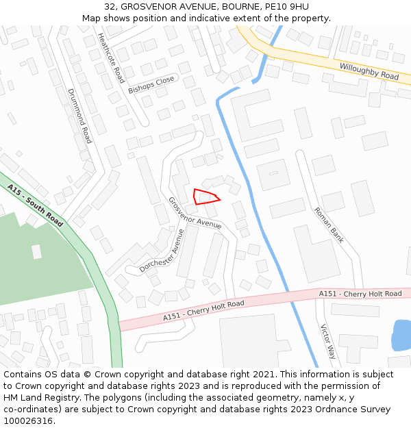 32, GROSVENOR AVENUE, BOURNE, PE10 9HU: Location map and indicative extent of plot