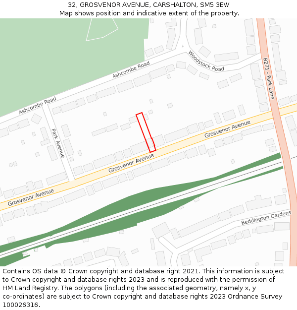 32, GROSVENOR AVENUE, CARSHALTON, SM5 3EW: Location map and indicative extent of plot