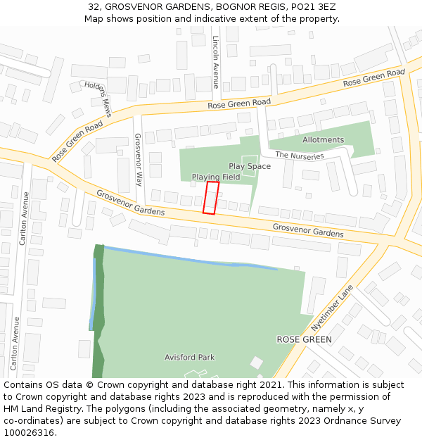 32, GROSVENOR GARDENS, BOGNOR REGIS, PO21 3EZ: Location map and indicative extent of plot