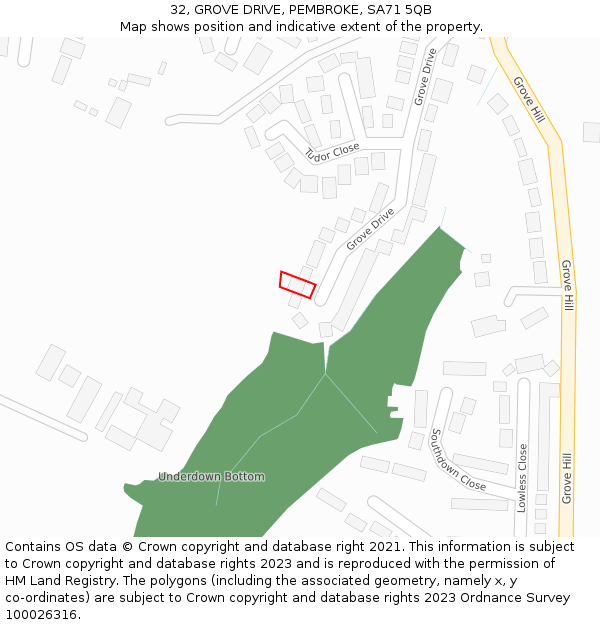 32, GROVE DRIVE, PEMBROKE, SA71 5QB: Location map and indicative extent of plot