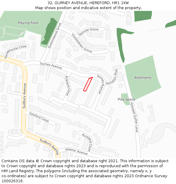 32, GURNEY AVENUE, HEREFORD, HR1 1XW: Location map and indicative extent of plot