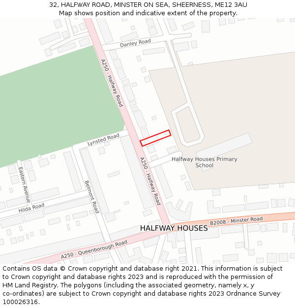 32, HALFWAY ROAD, MINSTER ON SEA, SHEERNESS, ME12 3AU: Location map and indicative extent of plot