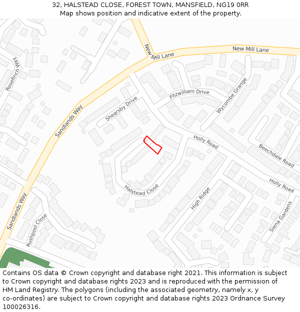 32, HALSTEAD CLOSE, FOREST TOWN, MANSFIELD, NG19 0RR: Location map and indicative extent of plot