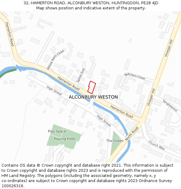 32, HAMERTON ROAD, ALCONBURY WESTON, HUNTINGDON, PE28 4JD: Location map and indicative extent of plot