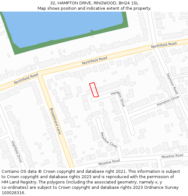 32, HAMPTON DRIVE, RINGWOOD, BH24 1SL: Location map and indicative extent of plot