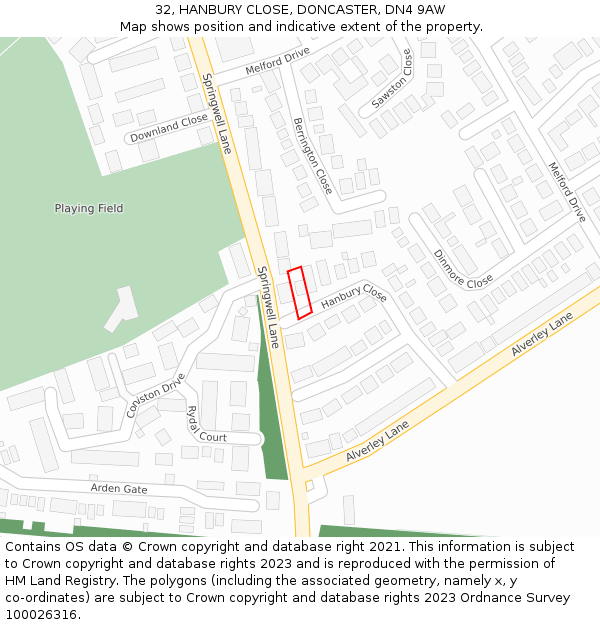 32, HANBURY CLOSE, DONCASTER, DN4 9AW: Location map and indicative extent of plot