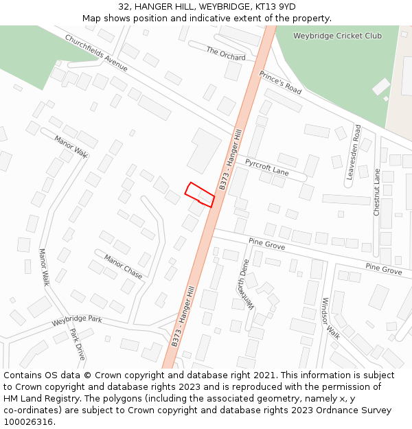 32, HANGER HILL, WEYBRIDGE, KT13 9YD: Location map and indicative extent of plot