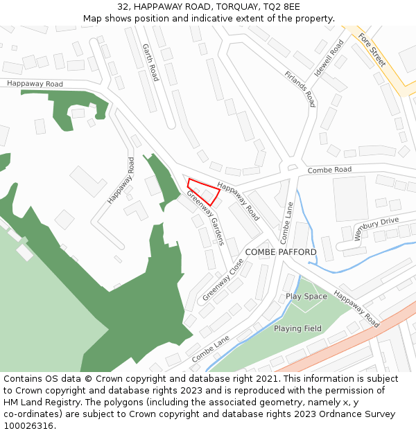 32, HAPPAWAY ROAD, TORQUAY, TQ2 8EE: Location map and indicative extent of plot