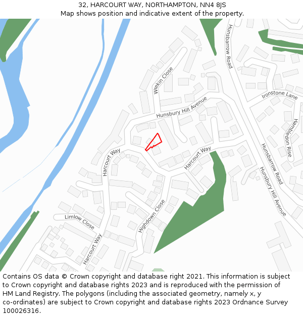 32, HARCOURT WAY, NORTHAMPTON, NN4 8JS: Location map and indicative extent of plot