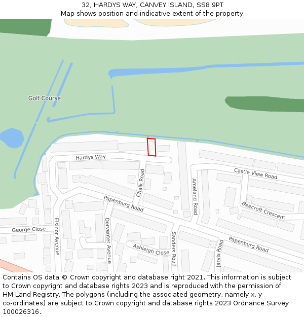 32, HARDYS WAY, CANVEY ISLAND, SS8 9PT: Location map and indicative extent of plot