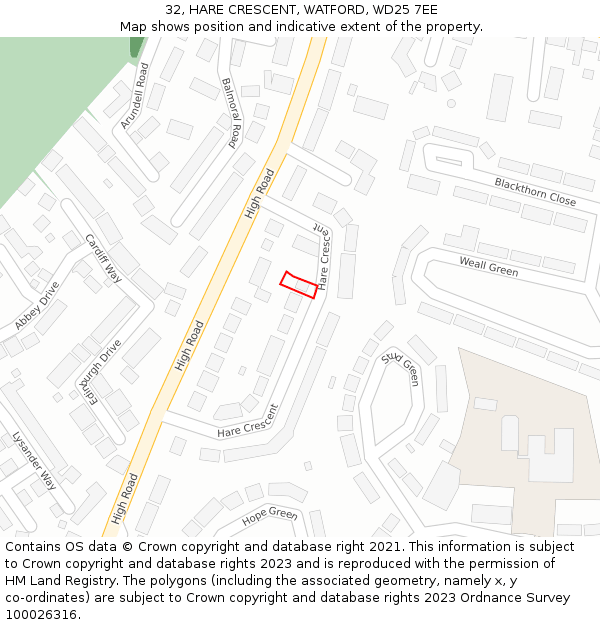 32, HARE CRESCENT, WATFORD, WD25 7EE: Location map and indicative extent of plot