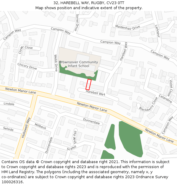 32, HAREBELL WAY, RUGBY, CV23 0TT: Location map and indicative extent of plot