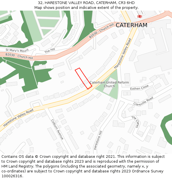 32, HARESTONE VALLEY ROAD, CATERHAM, CR3 6HD: Location map and indicative extent of plot