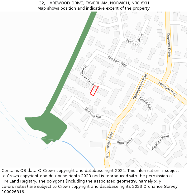 32, HAREWOOD DRIVE, TAVERHAM, NORWICH, NR8 6XH: Location map and indicative extent of plot