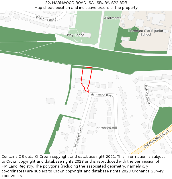 32, HARNWOOD ROAD, SALISBURY, SP2 8DB: Location map and indicative extent of plot