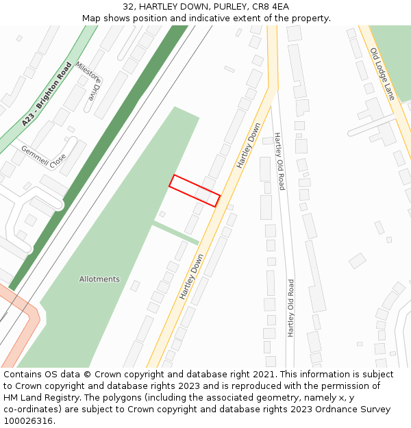 32, HARTLEY DOWN, PURLEY, CR8 4EA: Location map and indicative extent of plot