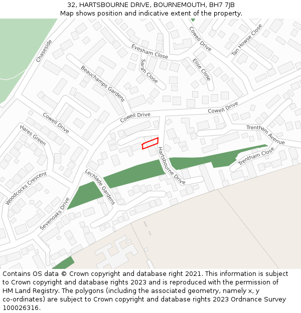 32, HARTSBOURNE DRIVE, BOURNEMOUTH, BH7 7JB: Location map and indicative extent of plot