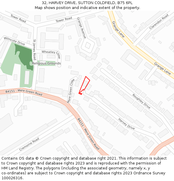 32, HARVEY DRIVE, SUTTON COLDFIELD, B75 6PL: Location map and indicative extent of plot