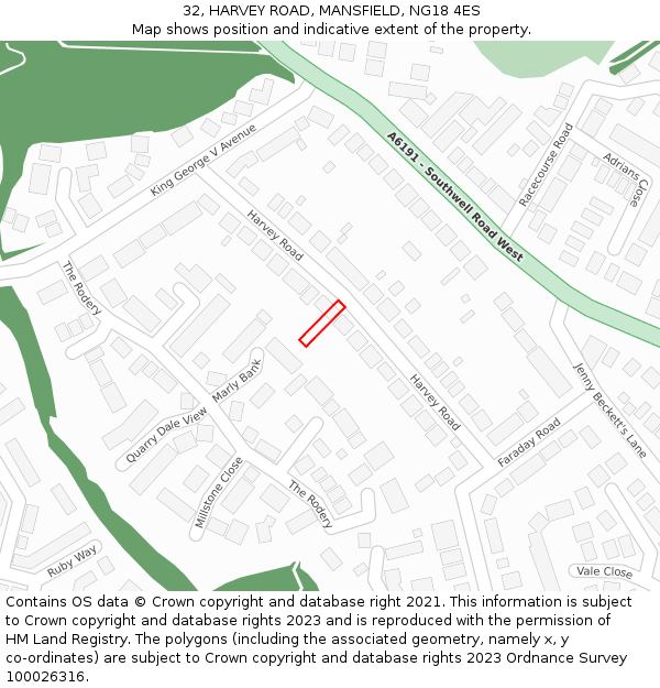 32, HARVEY ROAD, MANSFIELD, NG18 4ES: Location map and indicative extent of plot