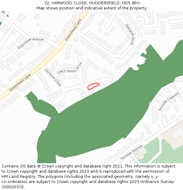 32, HARWOOD CLOSE, HUDDERSFIELD, HD5 8EH: Location map and indicative extent of plot