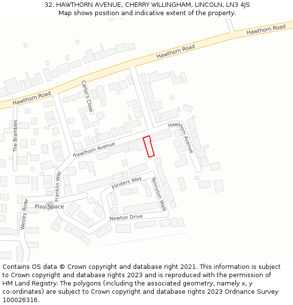 32, HAWTHORN AVENUE, CHERRY WILLINGHAM, LINCOLN, LN3 4JS: Location map and indicative extent of plot