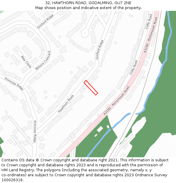 32, HAWTHORN ROAD, GODALMING, GU7 2NE: Location map and indicative extent of plot