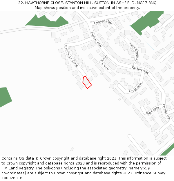 32, HAWTHORNE CLOSE, STANTON HILL, SUTTON-IN-ASHFIELD, NG17 3NQ: Location map and indicative extent of plot