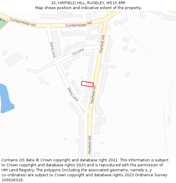 32, HAYFIELD HILL, RUGELEY, WS15 4RR: Location map and indicative extent of plot