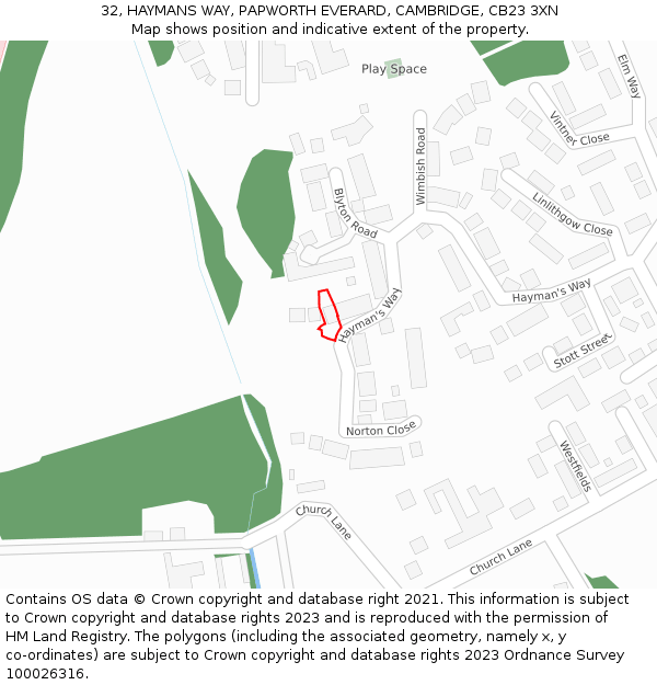 32, HAYMANS WAY, PAPWORTH EVERARD, CAMBRIDGE, CB23 3XN: Location map and indicative extent of plot