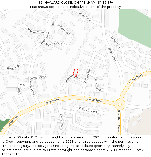 32, HAYWARD CLOSE, CHIPPENHAM, SN15 3FA: Location map and indicative extent of plot