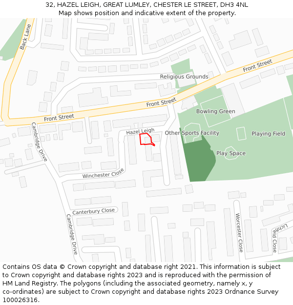 32, HAZEL LEIGH, GREAT LUMLEY, CHESTER LE STREET, DH3 4NL: Location map and indicative extent of plot
