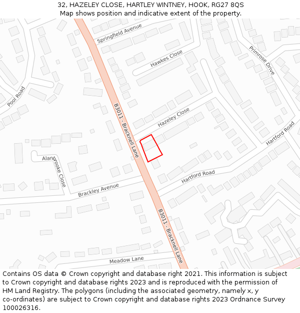 32, HAZELEY CLOSE, HARTLEY WINTNEY, HOOK, RG27 8QS: Location map and indicative extent of plot