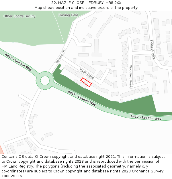 32, HAZLE CLOSE, LEDBURY, HR8 2XX: Location map and indicative extent of plot