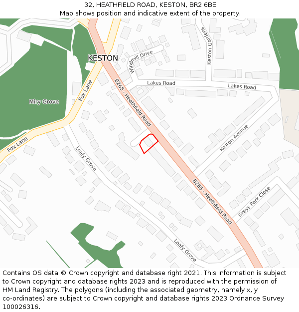 32, HEATHFIELD ROAD, KESTON, BR2 6BE: Location map and indicative extent of plot