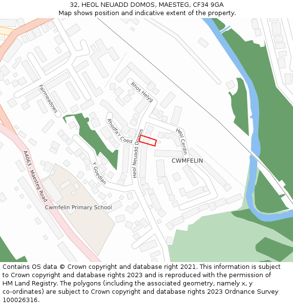 32, HEOL NEUADD DOMOS, MAESTEG, CF34 9GA: Location map and indicative extent of plot