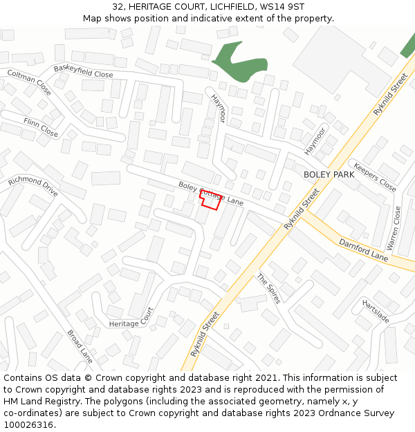 32, HERITAGE COURT, LICHFIELD, WS14 9ST: Location map and indicative extent of plot