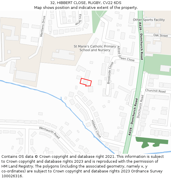 32, HIBBERT CLOSE, RUGBY, CV22 6DS: Location map and indicative extent of plot